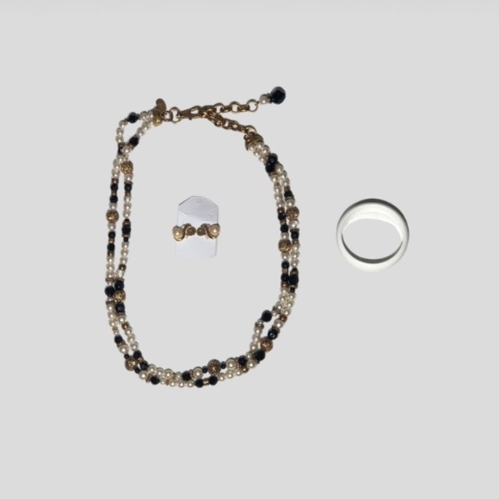 Vintage Beaded Pearl Multi Strand Necklace Earring Ring Set